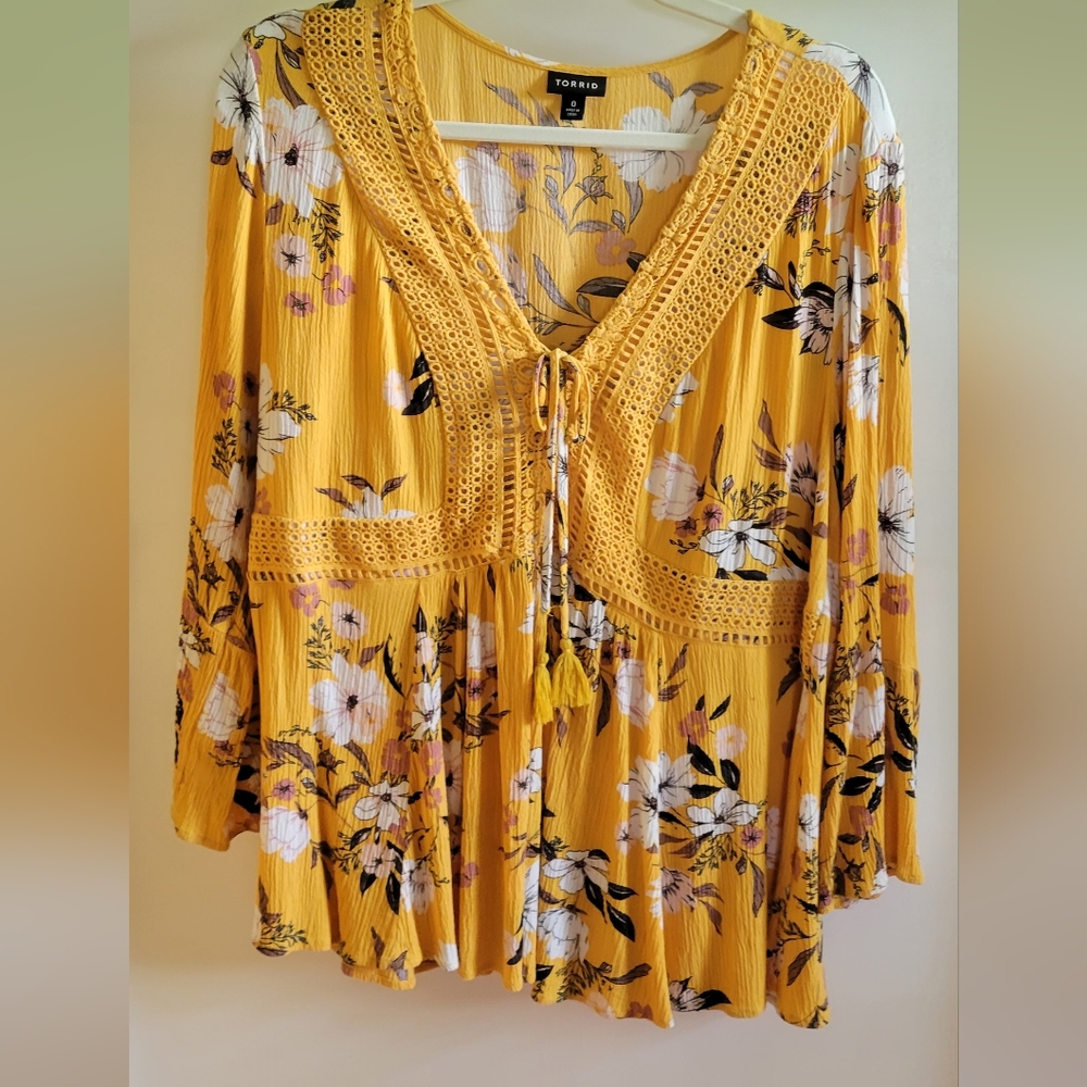Torrid Mustard Floral Lace-Up Blouse